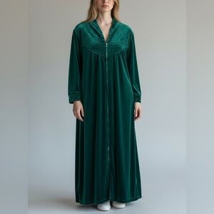 Vintage Jade Green Velvet Zip Robe Black Floral Embroidery Dark Fairy L Witchy